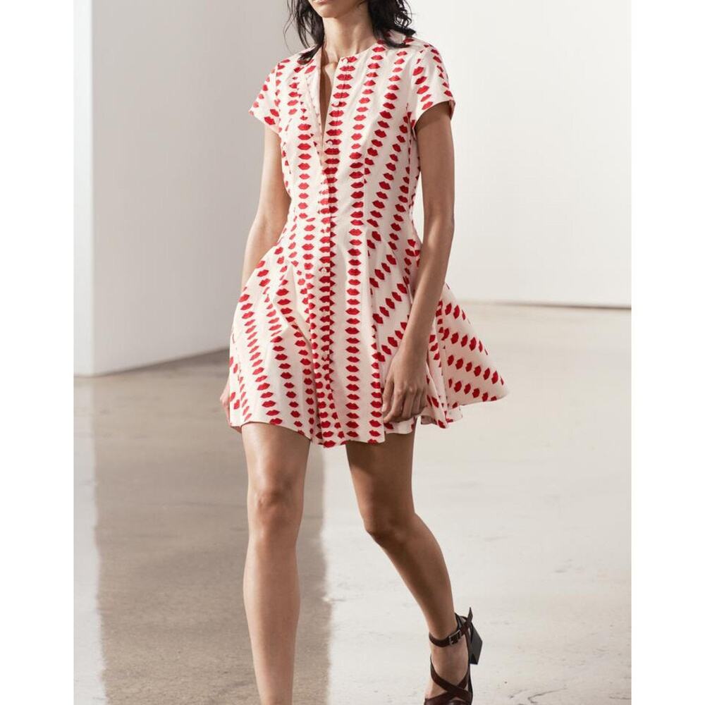Zara Red Lip Printed Skater Dress Medium Cotton Coquette Parisian Valentines Day